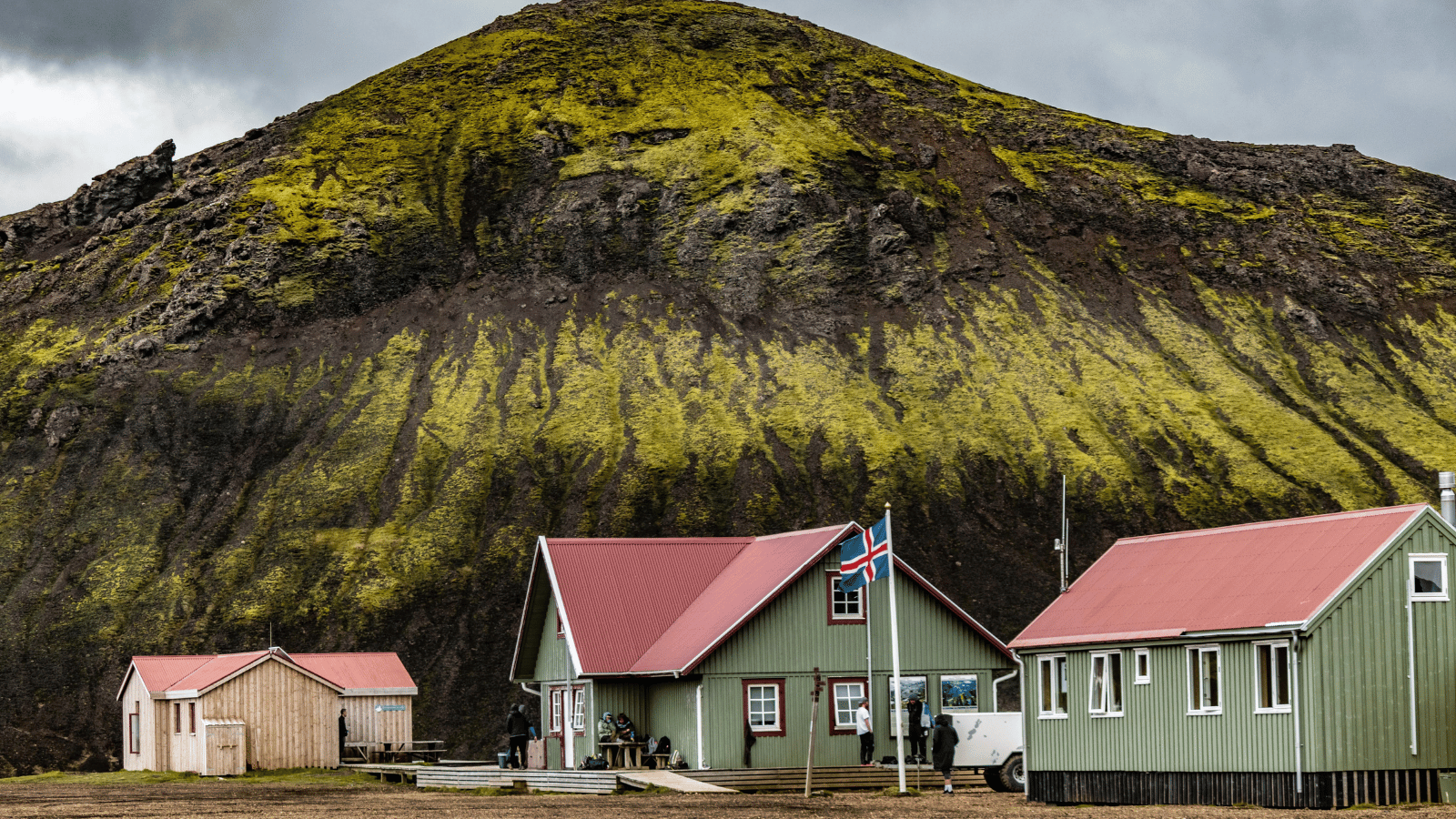 Green hiking huts in the Highlands. Green hiking huts in the Highlands.