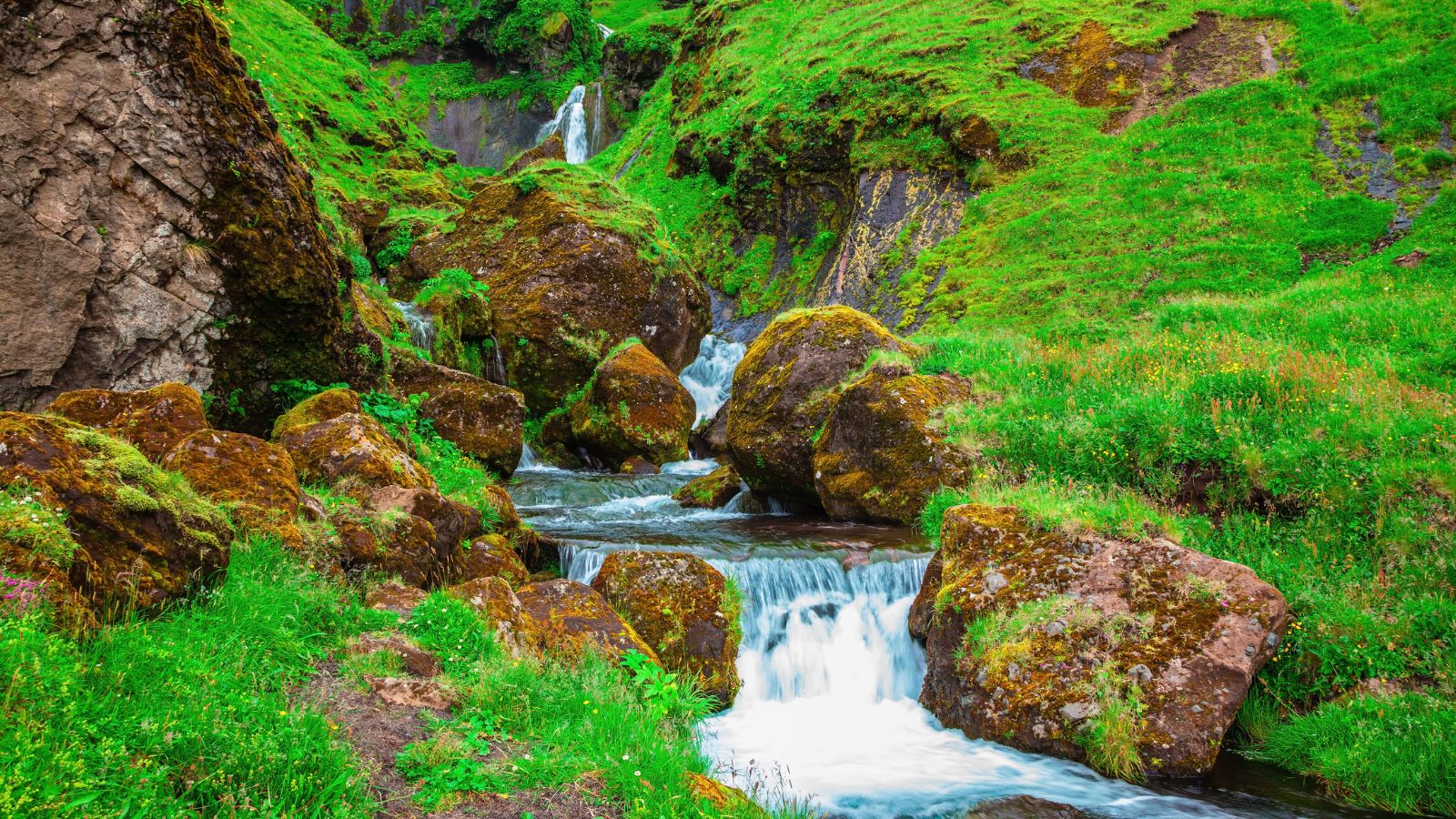 Waterfall and stream in Iceland during July.