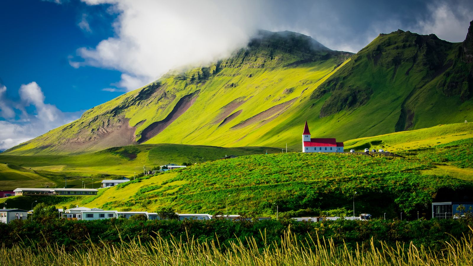 Lush and green Iceland on a sunny day.